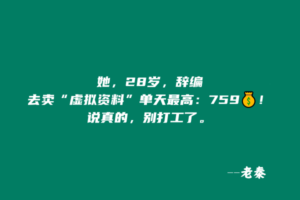 她，28岁，辞编卖“虚拟资料”，单天最高：759💰！说真的，别打工了。。 老秦